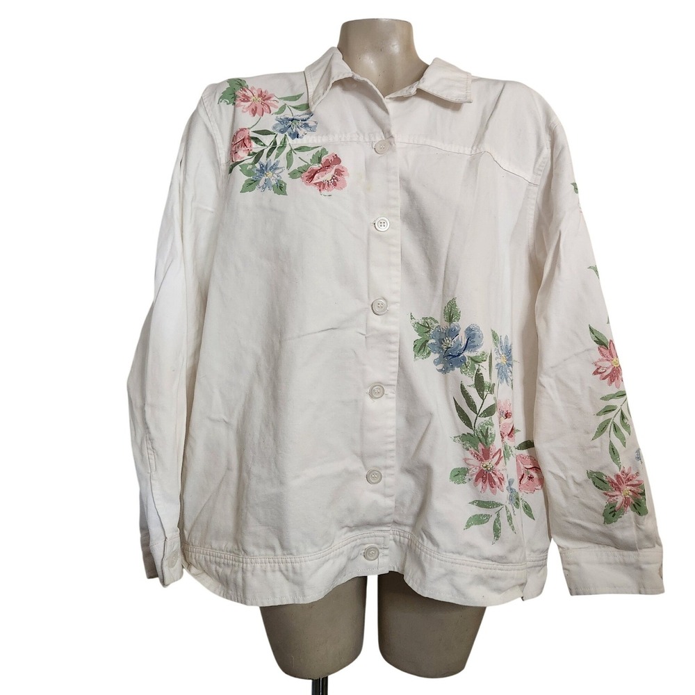 Alfred Dunner White Floral Embroidered Beaded Denim Jacket Womens‎ 20W Cotton